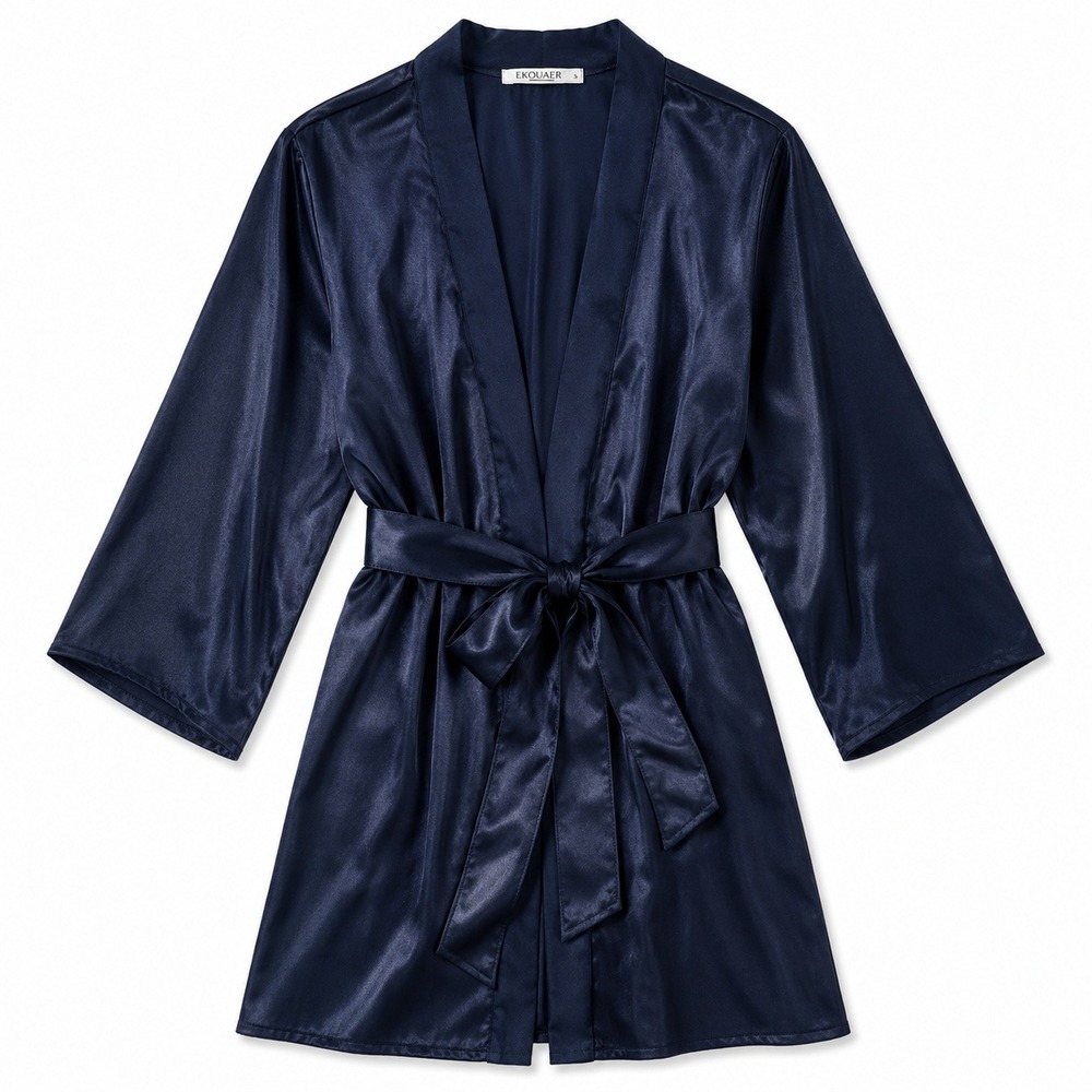 Ekouaer Womens Satin Robe Navy Blue Silky Kimono Bathrobe 2X Vintage-style Glam
